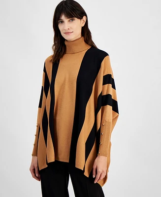 Jm Collection Petite Printed Poncho Turtleneck Sweater, Created for Macy's