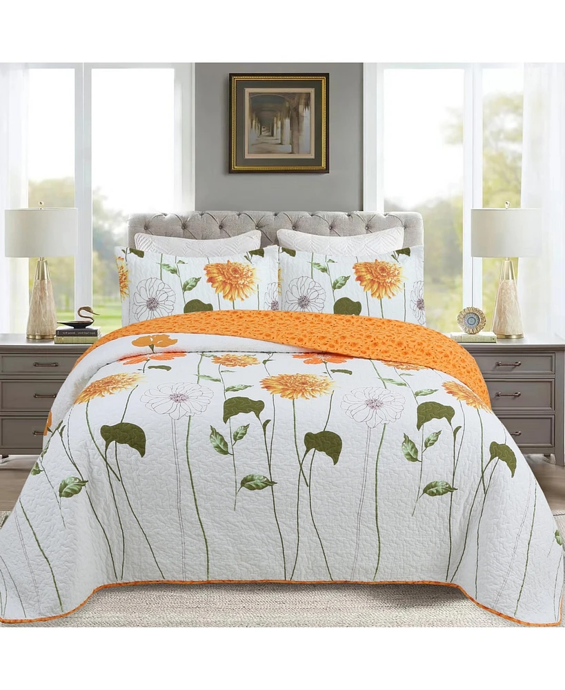 MarCielo 3 Piece 100% Cotton Printed Floral Quilt Set Lightweight Bedspread Set King