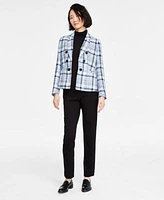 Jones New York Womens Faux Double Breasted Jacket Long Sleeve Mock Neck Top Pull On High Double Wide Waistband Straight Leg Pants
