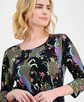 Jm Collection Petite Paradise Peacock Print 3/4-Sleeve Top, Exclusively at Macy's