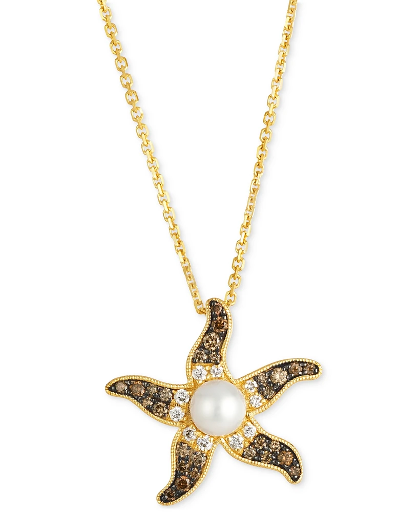 Le Vian Ombre Freshwater Pearl (5mm) & Chocolate Ombre Diamond (1/3 ct. t.w.) Starfish Adjustable 19" Pendant Necklace in 14k Gold