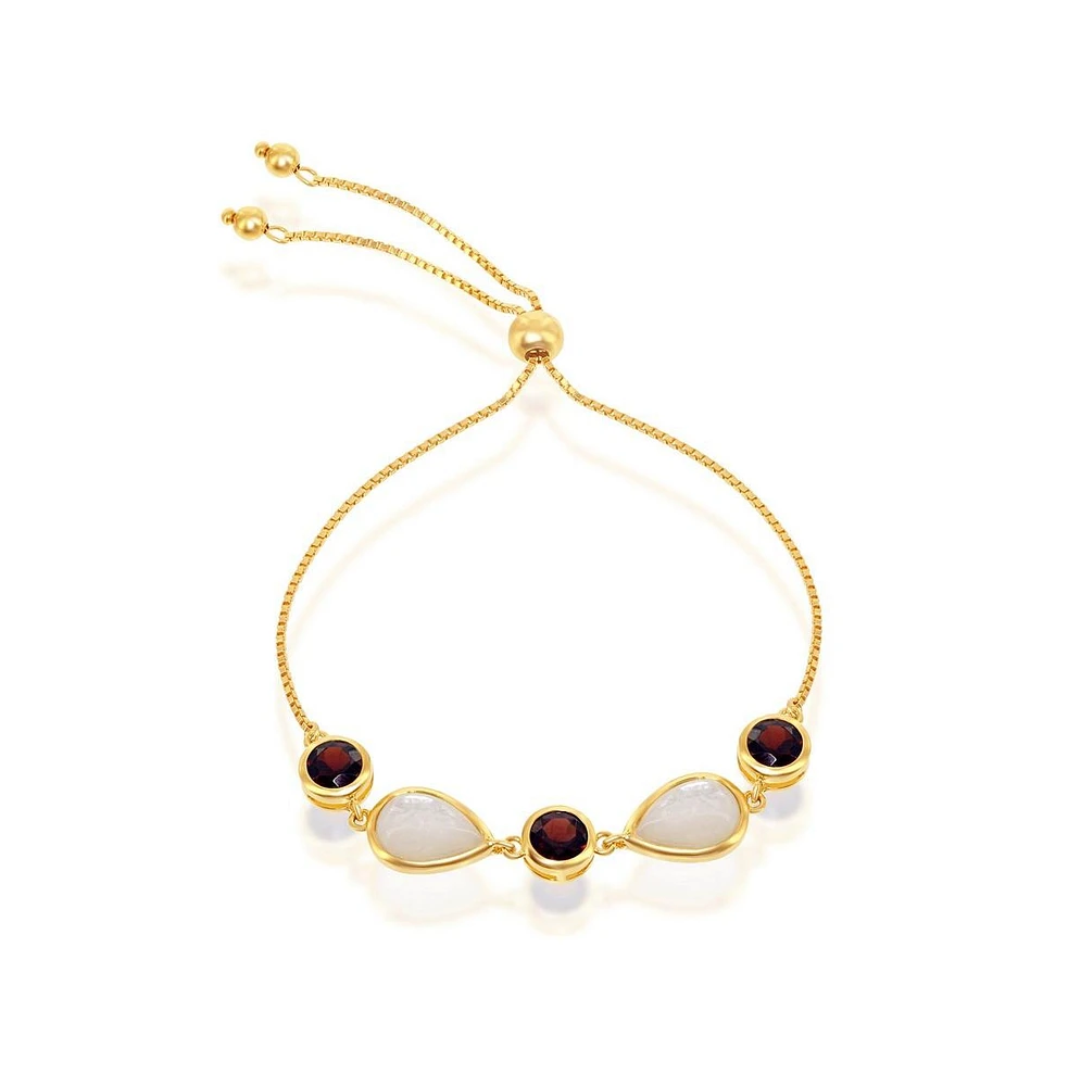 Simona Sterling Silver Garnet and Mother of Pearl Adjustable Bolo Bracelet - Gold Plated