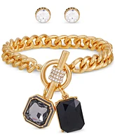 Guess Gold-Tone Framed Crystal Charm Bracelet & Logo Stud Earrings Set