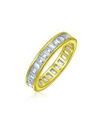 Bling Jewelry Cubic Zirconia Channel Set Rectangle Baguette Cz Eternity Ring Band For Women 14K Yellow Gold Plated .925 Sterling Silver 4MM Stackable