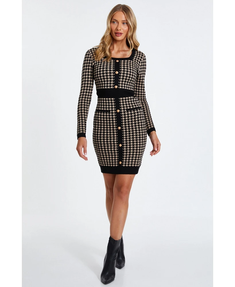 Quiz Women's Knit Houndstooth Button Front Sweater Dress