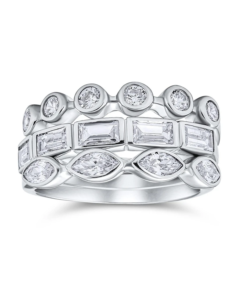 Bling Jewelry 3 Set Geometric Cubic Zirconia Baguette Marquise Round Cz Stackable Band Ring Set For Women .925 Sterling Silver