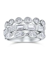 Bling Jewelry 3 Set Geometric Cubic Zirconia Baguette Marquise Round Cz Stackable Wedding Band Ring Set For Women .925 Sterling Silver