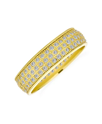 Bling Jewelry Classic Traditional 3 Row Micro Pave Cubic Zirconia Cz Anniversary Eternity Band Ring For Women Yellow 14K Gold Plated .925 Sterling Sil