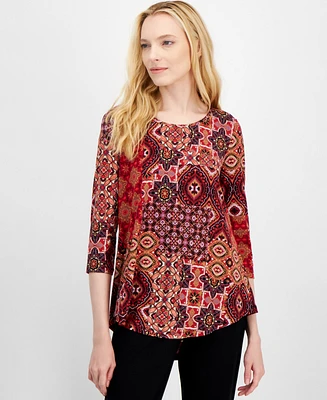 Jm Collection Petite Regal Tiles 3/4-Sleeve Top, Created for Macy's