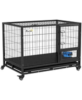 PawHut 43" Dog Crate with Bowl Holder, Wheels for Large/Xl Dogs, Black