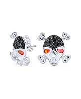 Bling Jewelry Unisex Dia De Los Muertos Black White Cz Red Eye Caribbean Pirate Crossbones Skull Stud Earrings For Women Men Silver Plated Brass