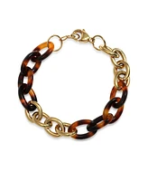 Bling Jewelry Fashion Statement Brown Golden Acrylic Marbled Leopard Tortoise Shell Oval Chain Link Bracelet For Women Yellow Gold Plated Stainless St