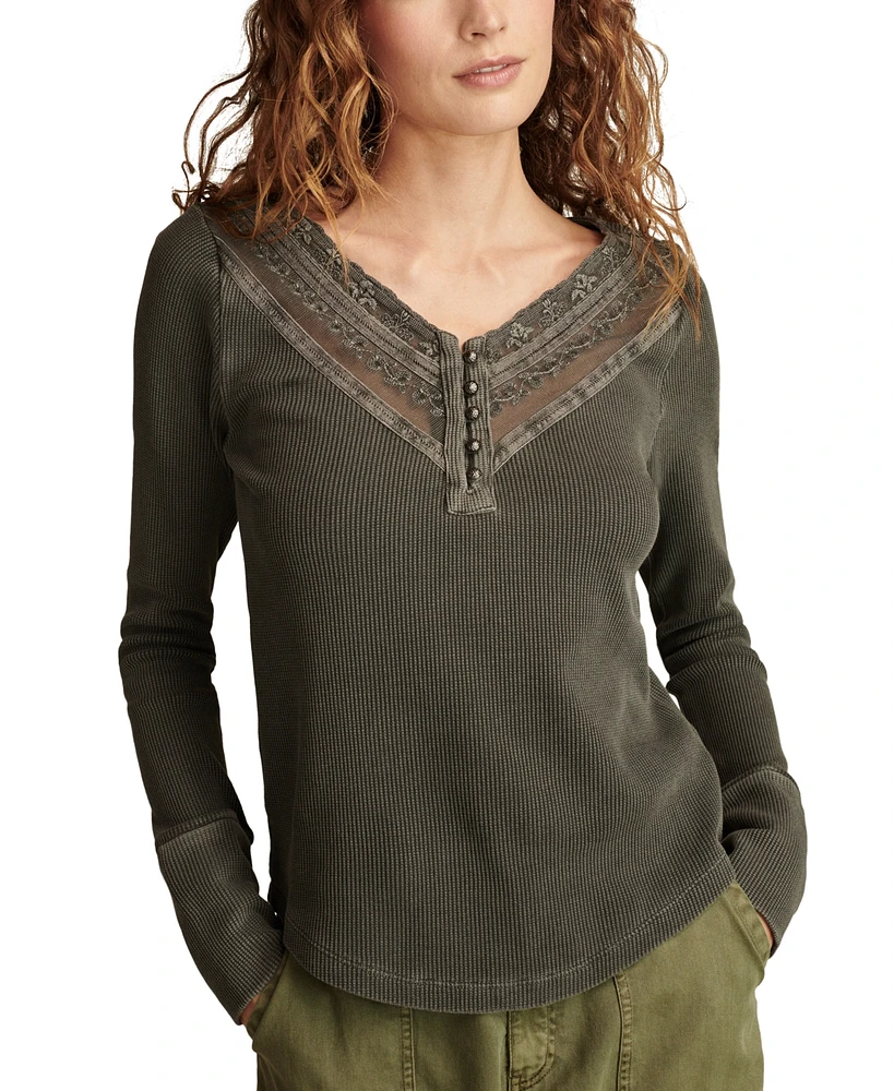 Lucky Brand Women's Embroidered Mesh Henley Top