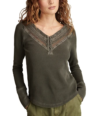 Lucky Brand Women's Embroidered Mesh Henley Top