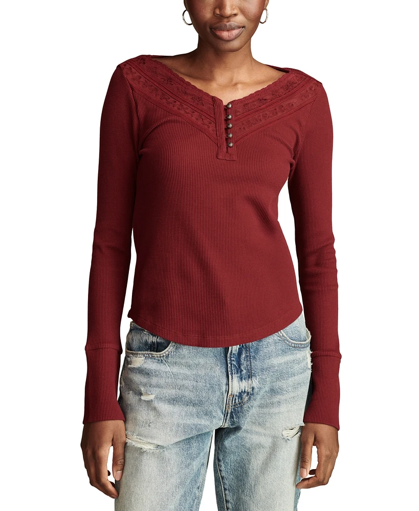 Lucky Brand Women's Embroidered Mesh Henley Top