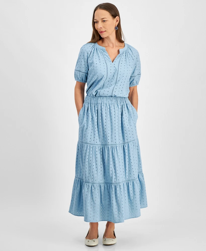 Style & Co Petite Cotton Pull-On Eyelet Tiered Maxi Skirt, Exclusively at Macy's