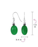 Bling Jewelry Bali Style Green Natural Jade Milgrain Oval Drop Earrings For Women Sterling Silver Oxidized Wire Fish Hook