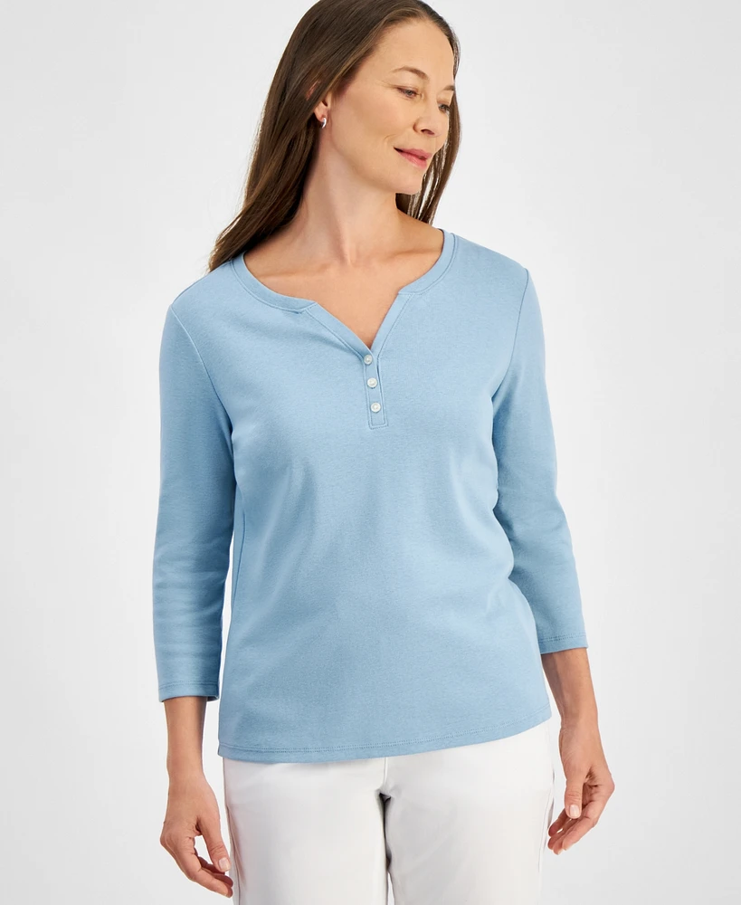 Style & Co Petite Cotton Knit Henley 3/4-Sleeve Top, Created for Macy's