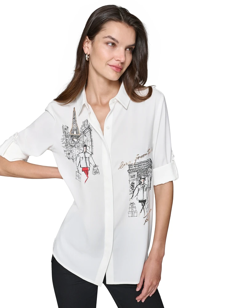 Karl Lagerfeld Paris Women's Embellished Eiffel Tower Button-Down Top