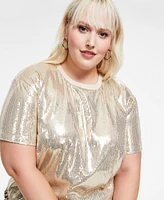 Bar Iii Trendy Plus Short-Sleeve Boxy Cropped Sequin Top, Created for Macy's