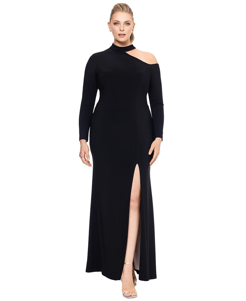 Xscape Plus Shoulder-Cutout High-Slit Evening Gown