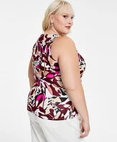 Bar Iii Trendy Plus Size Printed Sleeveless Jersey Crewneck Top, Created for Macy's