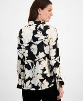 Anne Klein Women's Floral-Print V-Neck Cuffed Blouse