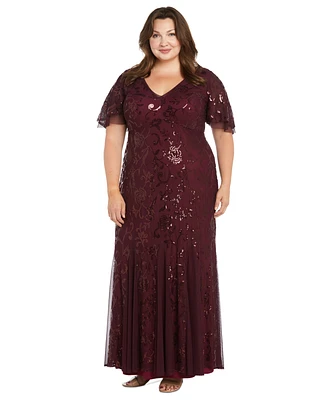 R & M Richards Plus Size Sequin Embellished Flutter-Sleeve V-Neck Gown