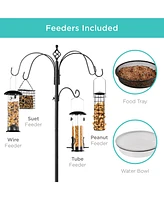 Best Choice Products 89in 6-Hook Bird Feeding Station, Steel Multi-Feeder Stand w/ 4 Feeders, Tray, Bath