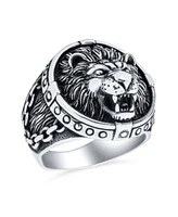 Bling Jewelry Big Statement Masculine King Of Jungle Round Viking Signet Roaring Lion Ring For Men Solid Oxidized .925 Sterling Silver