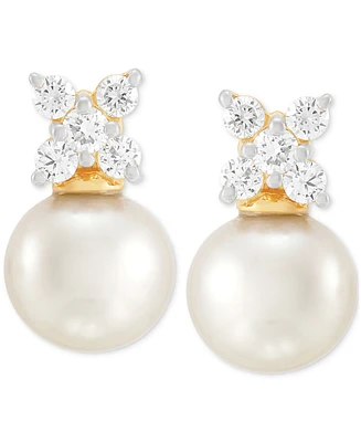 Grown With Love Cultured Freshwater Pearl (8mm) & Lab Grown Diamond (1/3 ct. t.w.) Cluster Stud Earrings in 14k Gold