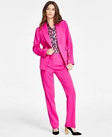 Tahari Asl Womens Printed Bow Neck Sleeveless Blouse Mid Rise Flare Leg Pants Notch Collar One Button Blazer