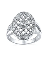 Bling Jewelry Art Deco Style Fashion Large Oval Pave Cluster Cz Engagement Statement Ring For Women .925 Sterling Silver