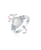 Bling Jewelry Bridal Party Cz Halo Side Stones White Solitaire Freshwater Cultured Pearl Engagement Cocktail Ring For Women .925 Sterling Silver