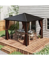 Outsunny 10' x Aluminum Hardtop Gazebo Canopy with Hook, Curtains, Dark Brown