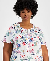 Style & Co Plus Printed Round-Neck Flutter-Sleeve Top