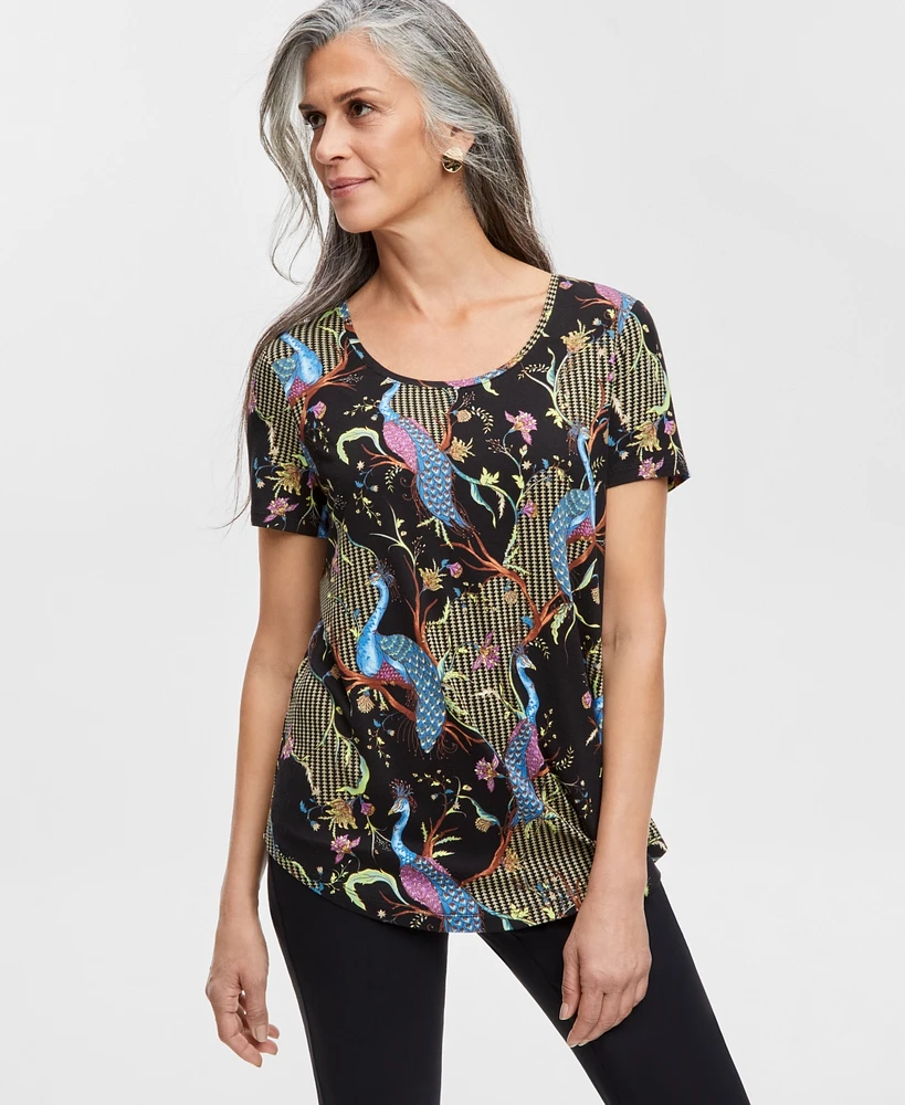 Jm Collection Petite Peacock-Print Short-Sleeve Top, Created for Macy's