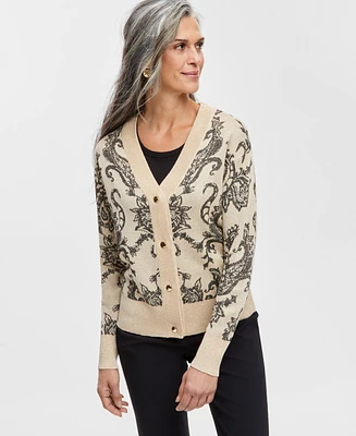 Jm Collection Women's Printed Jacquard V-Neck Button Cardigan, Created for Macy's