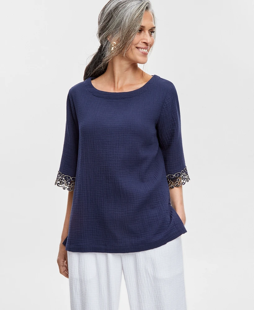 Jm Collection Women's Boat-Neck 3/4-Sleeve Gauze Top, Created for Macy's