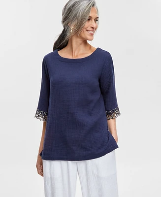 Jm Collection Women's Boat-Neck 3/4-Sleeve Gauze Top, Created for Macy's