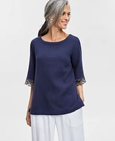 Jm Collection Women's Boat-Neck 3/4-Sleeve Gauze Top, Created for Macy's