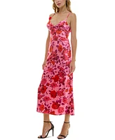 Crystal Doll Juniors' Strappy Floral Satin Maxi Dress