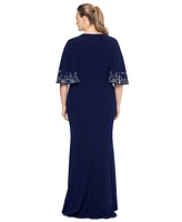 Betsy & Adam Plus Embellished Cape-Sleeve Gown