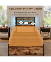 Gymax Twin Size Bed Frame w/ Drawers Led Lights Outlets & Usb Ports Smart App Control