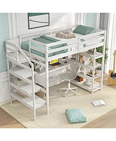 Gymax Twin Size Loft Bed w/ Desk & Storage Stairs Solid Wood Loft Bed Frame w/Shelves