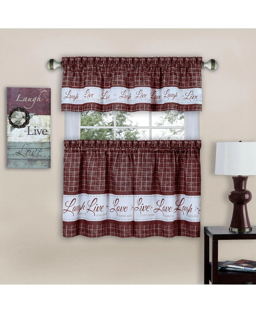 Kate Aurora Country Farmhouse Plaid Live laugh love 3 Piece Kitchen Curtain Set