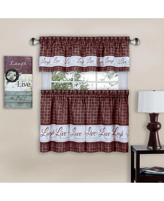 Kate Aurora Country Farmhouse Plaid Live laugh love 3 Piece Kitchen Curtain Set