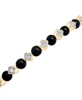 Lab Grown Onyx Bead (4mm) & White Topaz (1/3 ct. t.w.) Cuff Bangle Bracelet in 14k Gold-Plated Sterling Silver