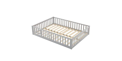 Slickblue Grey Painted Pine Full Fence Bed with Door and Board for Kids