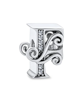 Bling Jewelry Fancy Scroll Cz Sparkle Block Letter A-z Alphabet Initial Charm Bead For Women Shiny .925 Sterling Silver European Bracelet